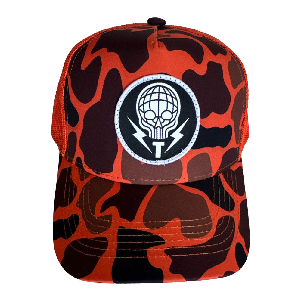SKULL - ORANGE CAMO TRUCKER HAT