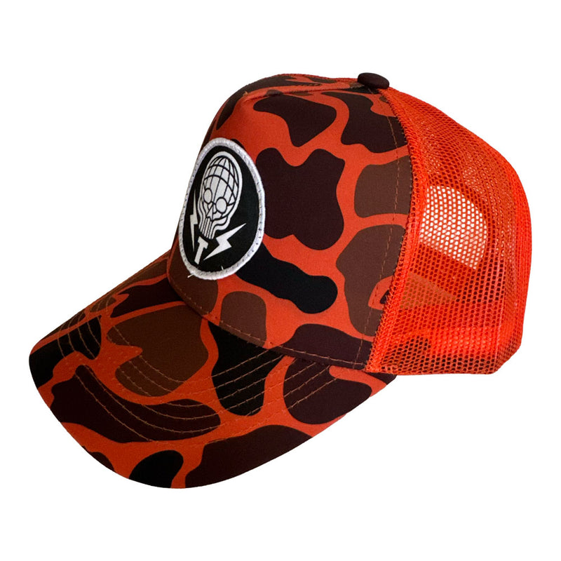 SKULL - ORANGE CAMO TRUCKER HAT